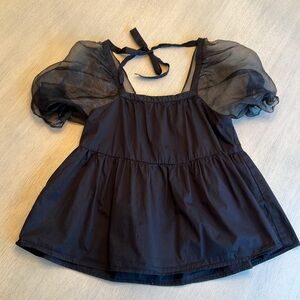 Pomander Place Black Sheer Puff Sleeve Peplum Shirt Size XS